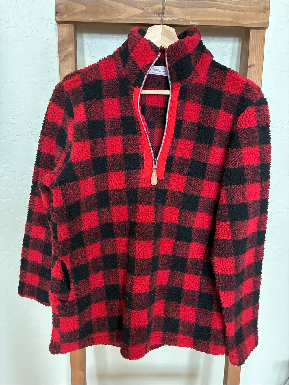 Pink Lily Red and Black Buffalo Check Sherpa Pullover